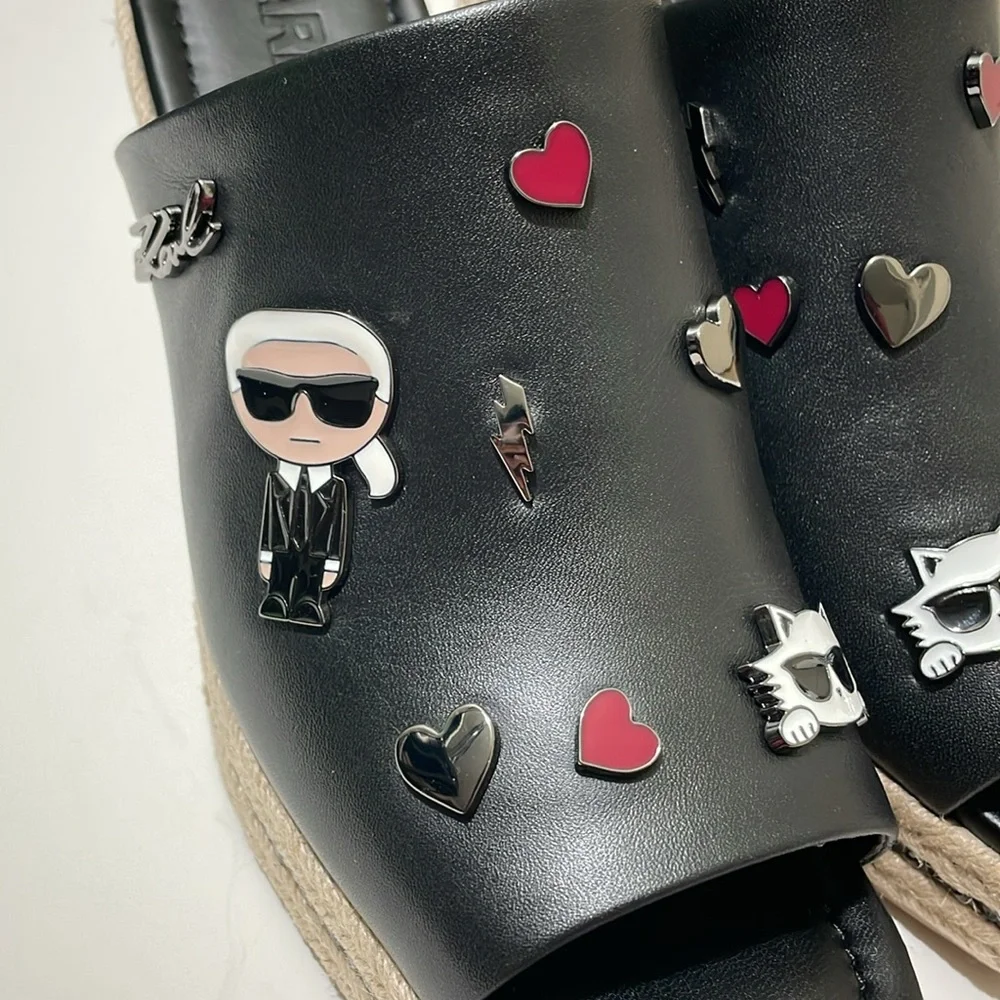 NIB KARL LAGERFELD Paris Black Leather Wedge Size 9.5 M